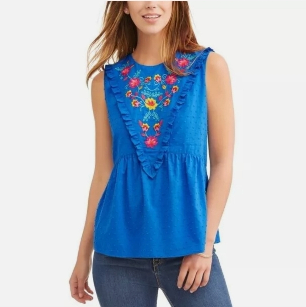 Time and Tru Women's Cobalt Blue Sleeveless Swiss Dot Embroidered Tank Top M